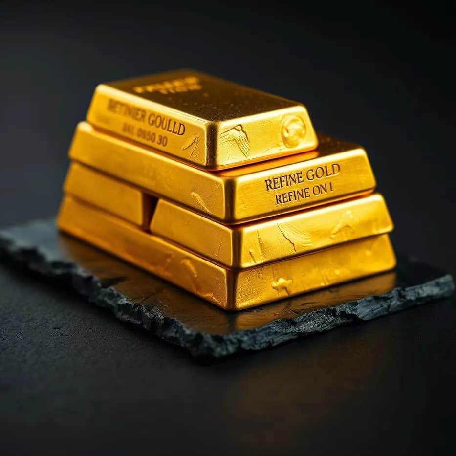 Stacked refined gold bullion bars on a dark slate surface