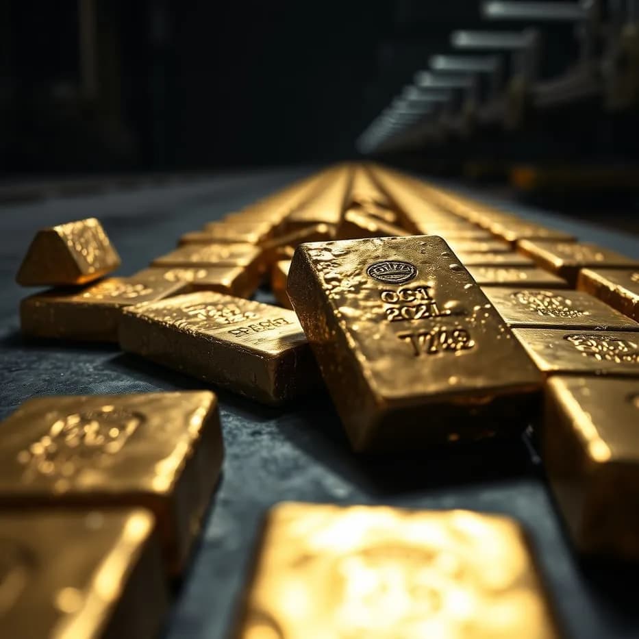 Rough gold doré bars arranged on a dark industrial surface