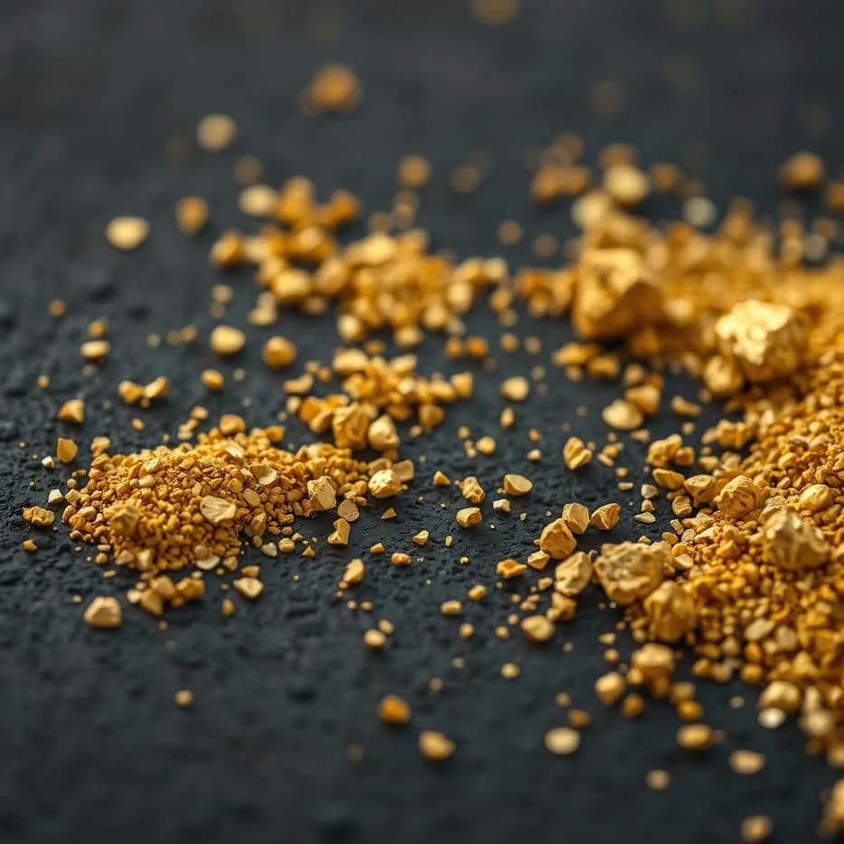 Loose gold grain and nuggets spilling across a dark textured surface