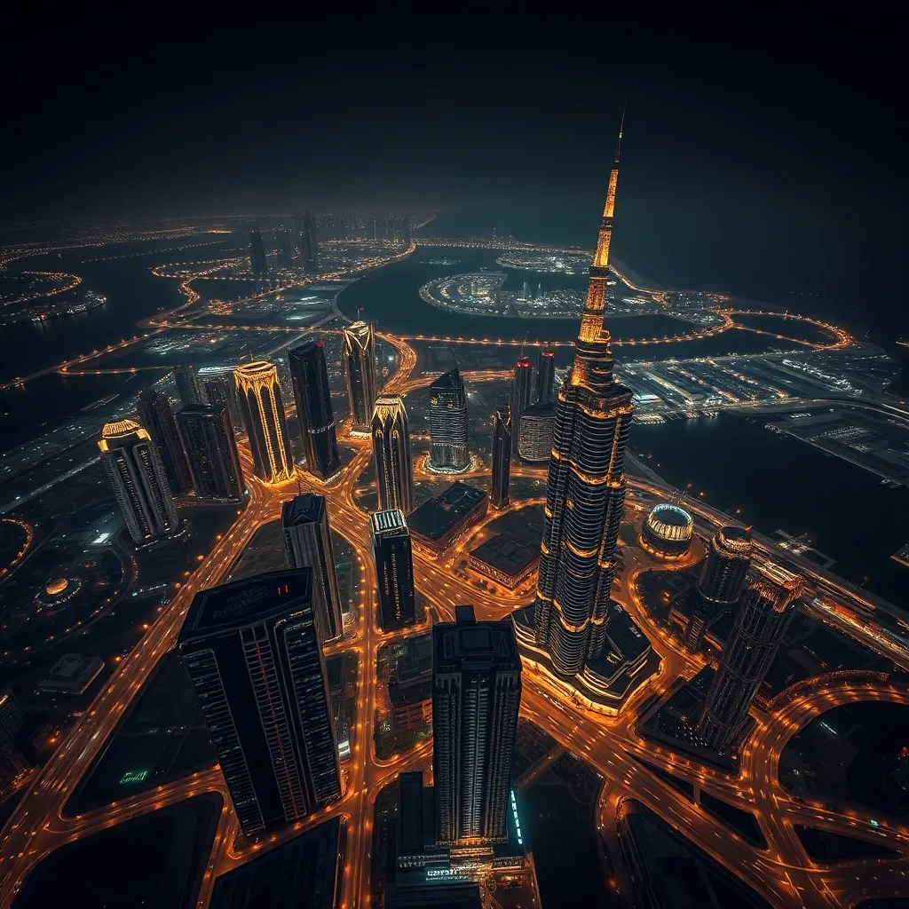 Aerial view of the Dubai business district at night with glowing city lights and the illuminated Burj Khalifa