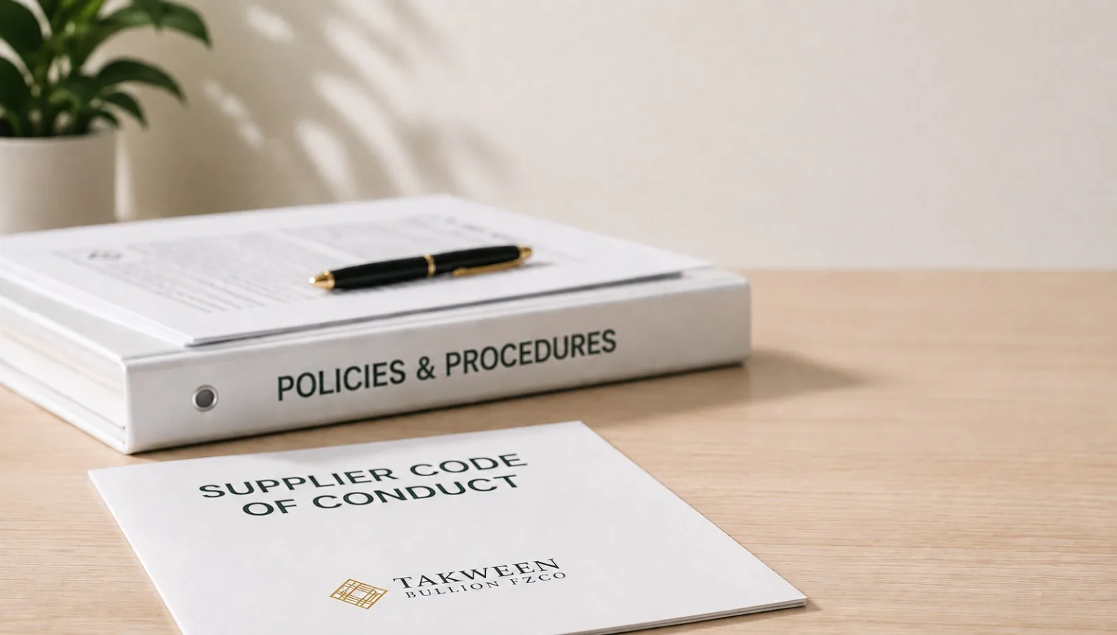 A minimalist desk in Dubai with Takween Bullion policies and procedures and a supplier code of conduct, reviewed by a compliance officer
