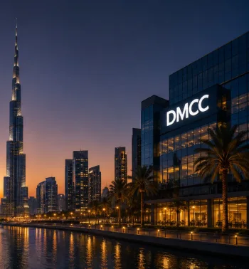 The DMCC headquarters tower at dusk overlooking the Dubai skyline