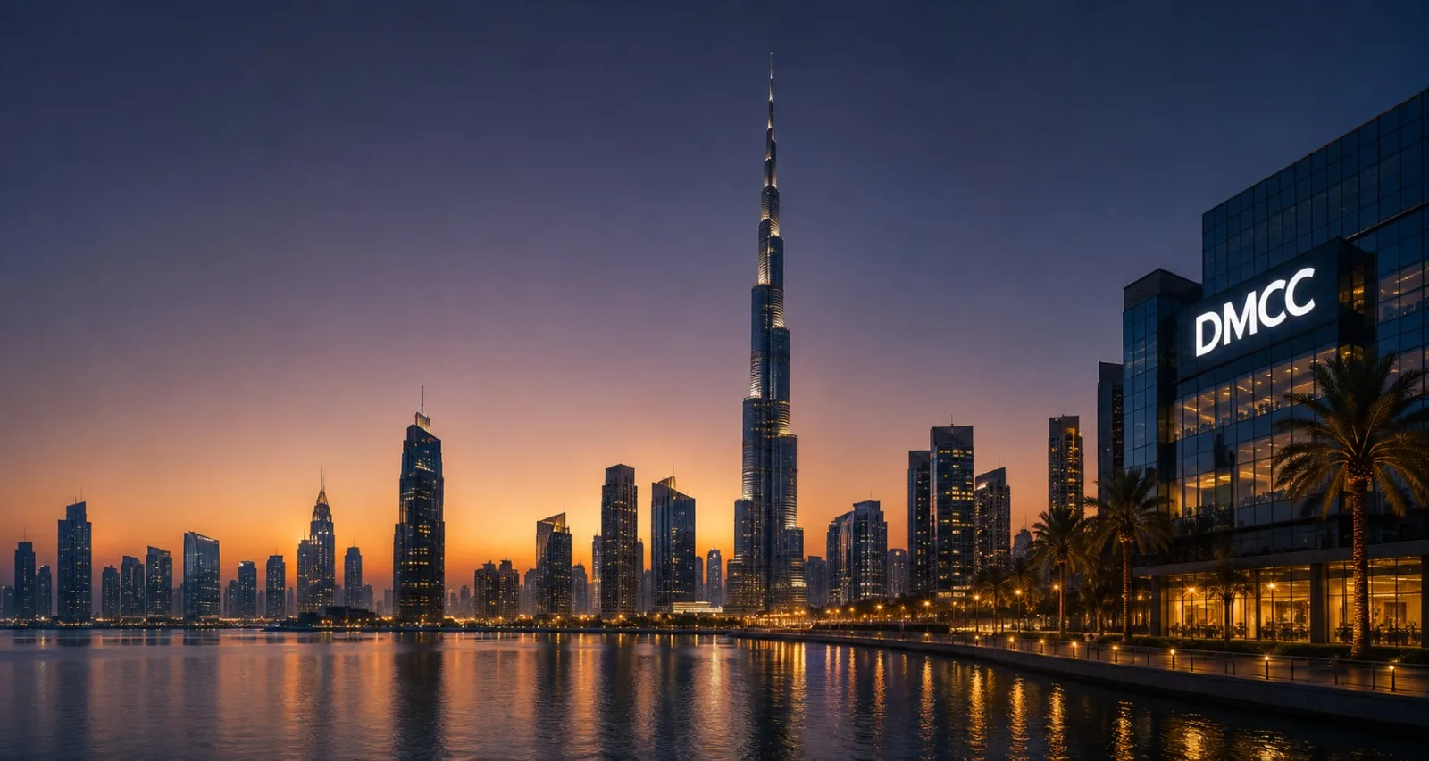 Dubai skyline at dusk — the Burj Khalifa and the DMCC tower over the marina