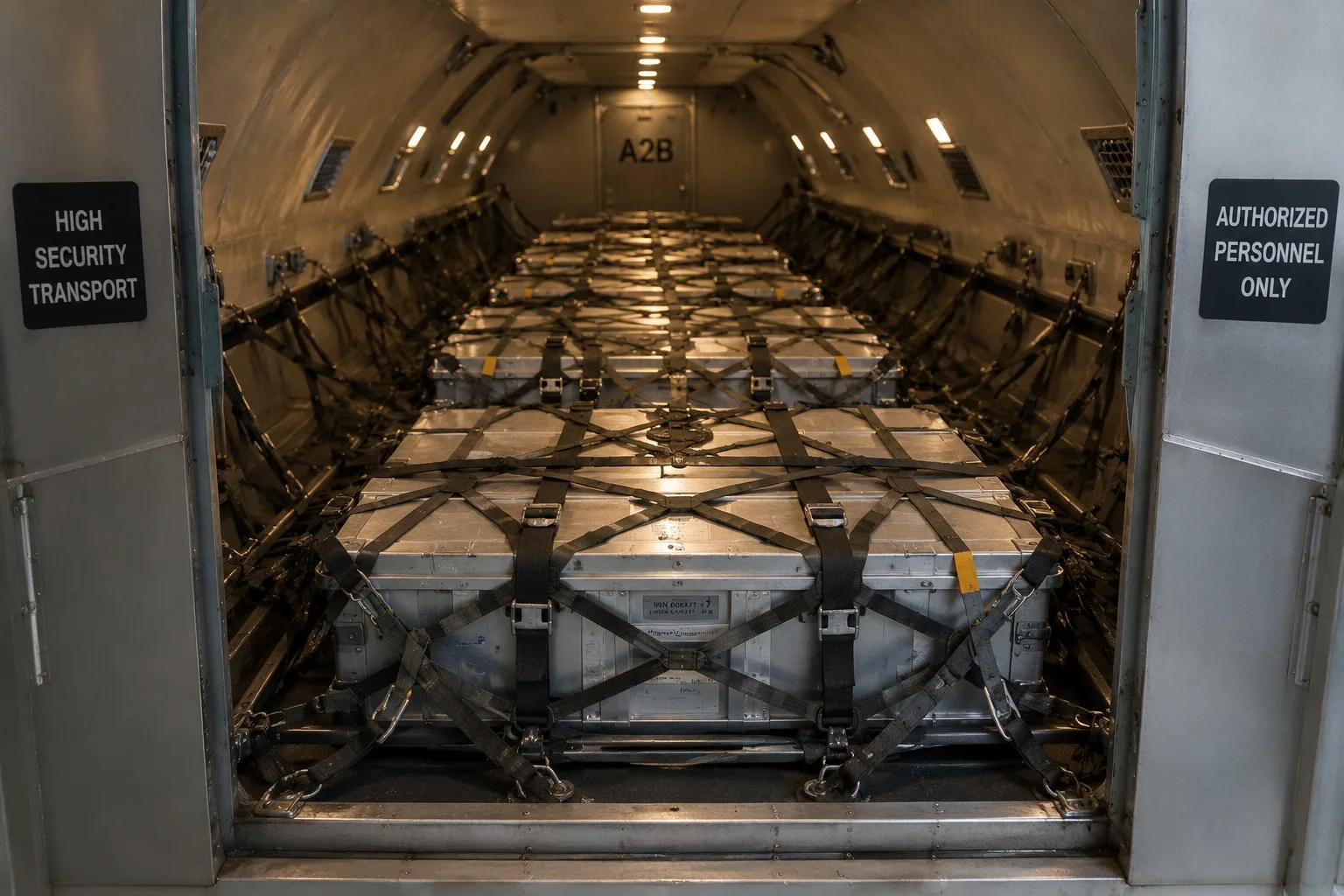 Secured gold consignments strapped in the hold of a high-security transport aircraft