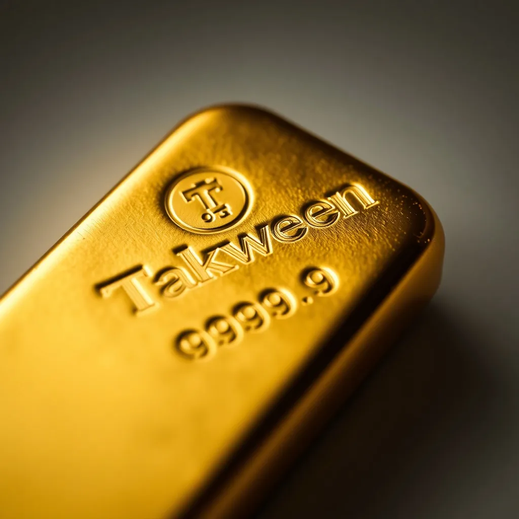 Close-up of a stamped Takween gold doré bar showing 999.9 purity